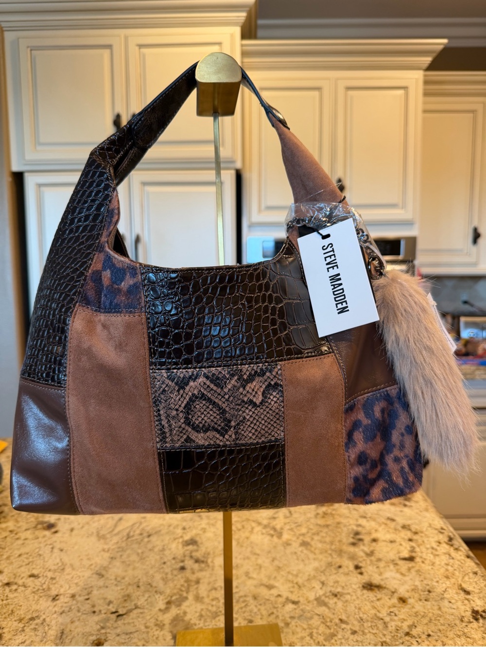 Steve Madden Brown Patchwork Shoulder Bag with Fur Charm